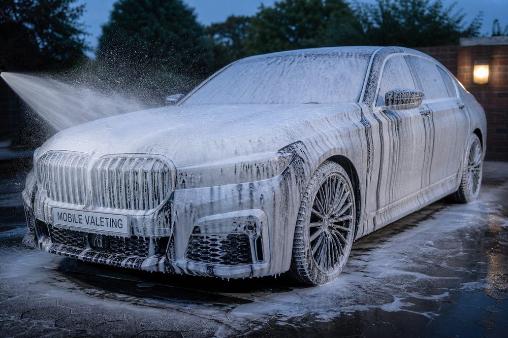 Car covered in snow foam during a pre-wash