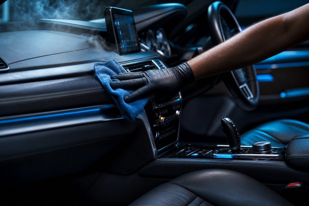 Car interior being detailed with a microfibre cloth